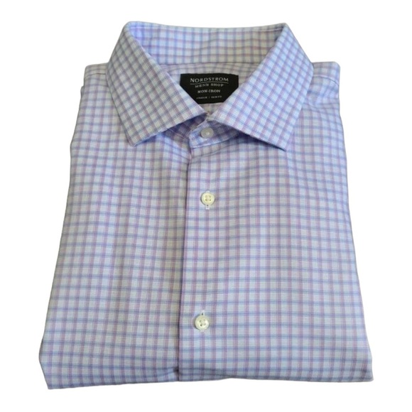 𝅺NORDSTROM Stretch Trim Fit Button Down Plaid Shirt Size 16 1/2 32-33 - Picture 1 of 6